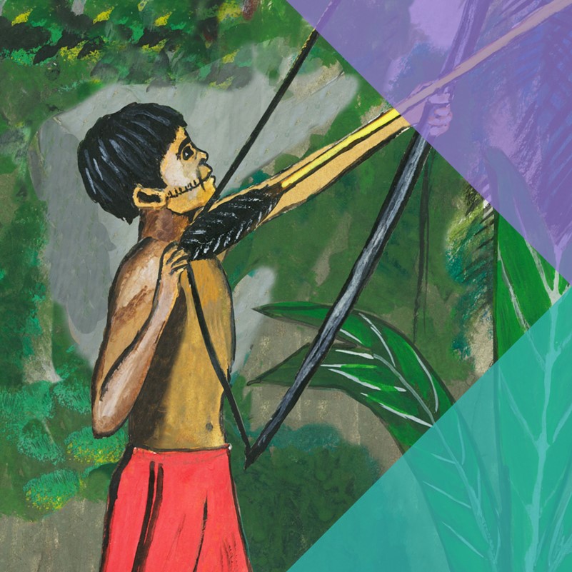An illustration of an indigenous South American boy in the rainforest drawing a bow and arrow, they boy has stitches running along his cheek from mouth to ear